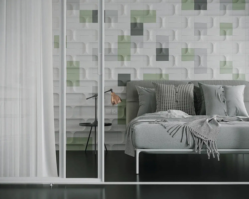 Dormitor modern cu pat, lampă de noptieră și perete texturat