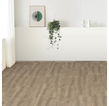 Cameră luminoasă cu gresie cu aspect de lemn și decorațiuni