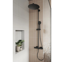 Baie cu armătură de duș și plantă într-un raft