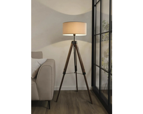 Lampă de podea cu trepied din lemn și abajur
