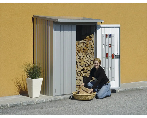 Femeie umplând lemn într-un coș în fața unui depozit de lemne cu suport pentru scule pe ușă.