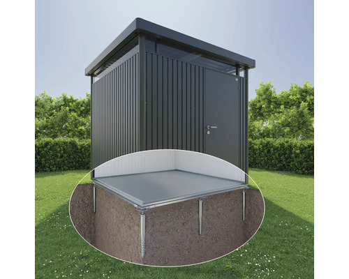 Cabină de grădină metalică cu placă de bază și fundație cu șuruburi în grădină