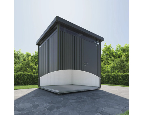 Cabină modernă de grădină cu acoperiș plat și fundație parțială pe terasă de piatră