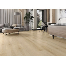 Living luminos cu podea din lemn, canapea, masă și plantă