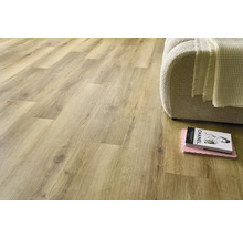 Podea deschisă la culoare cu structură din lemn și canapea asortată