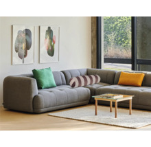 Canapea de colț gri cu perne și măsuță de cafea într-un living