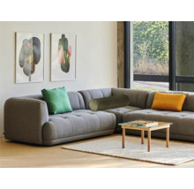 Living cu canapea de colț gri, perne și masă mică