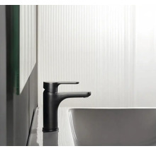 Baie modernă cu robinet negru și lavoar.