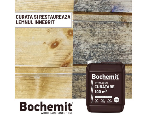 Soluție de curățare a lemnului pentru curățarea și restaurarea lemnului înnegrit cu logo-ul Bochemit