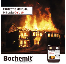 Casă în flăcări cu produs de protecție a lemnului Bohemit în prim-plan