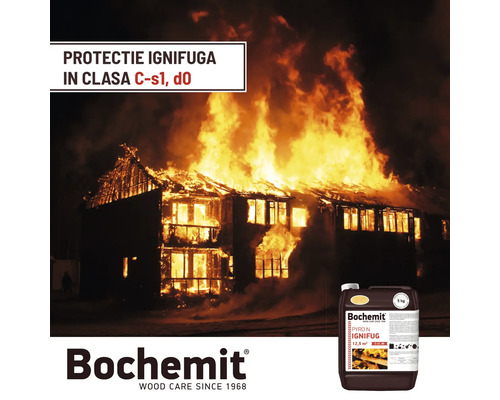 Casă în flăcări cu produs de protecție a lemnului Bohemit în prim-plan
