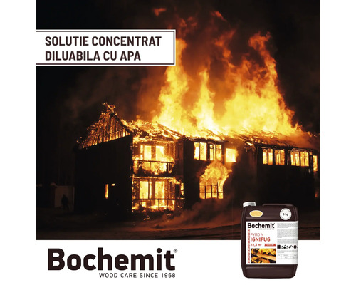 Soluție de protecție a lemnului Bochemit în fața unei case în flăcări