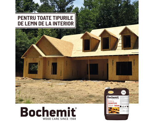 Construcție brută a unei case cu substanță ignifugă pentru lemn de la Bochemit în prim-plan