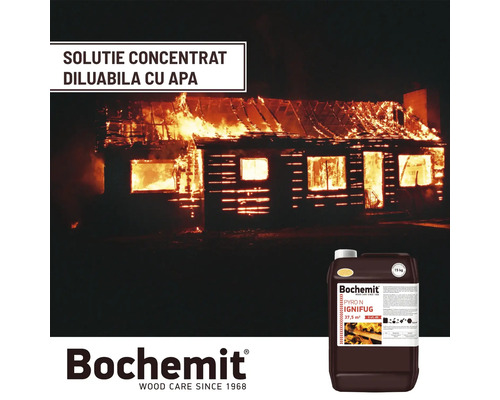 Substanță de protecție a lemnului Bochemit cu casă din lemn în flăcări în fundal