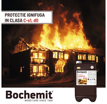 Casă în flăcări cu substanță de protecție a lemnului Bochemit pentru prevenire