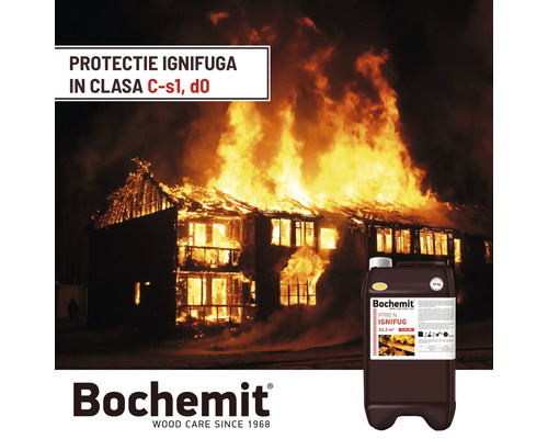 Casă în flăcări cu substanță de protecție a lemnului Bochemit pentru prevenire