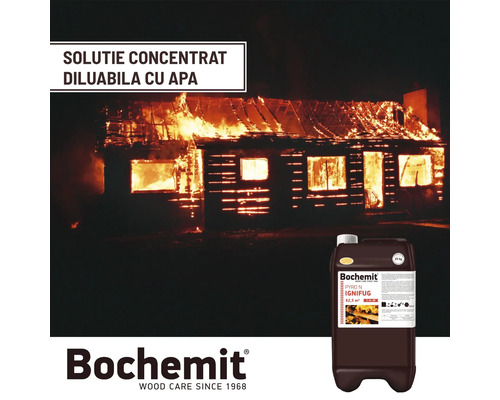 Soluție de protecție a lemnului Bochemit în fața unei case de lemn în flăcări