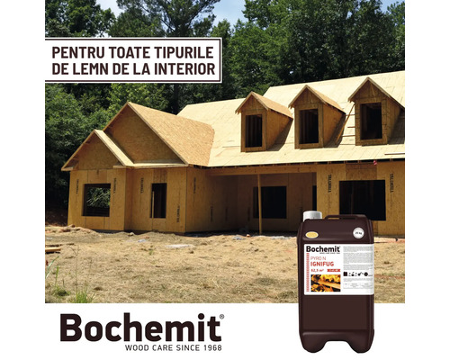 Canistru de protecție pentru lemn Bochemit în fața unei case din lemn în construcție