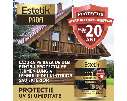 Lazură de protecție a lemnului pe bază de ulei cu protecție de lungă durată pentru interior și exterior. Logo Estetik.