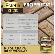 Proprietăți lazură pentru lemn Estetik Clasic cu informații despre putere de acoperire și timpi de uscare