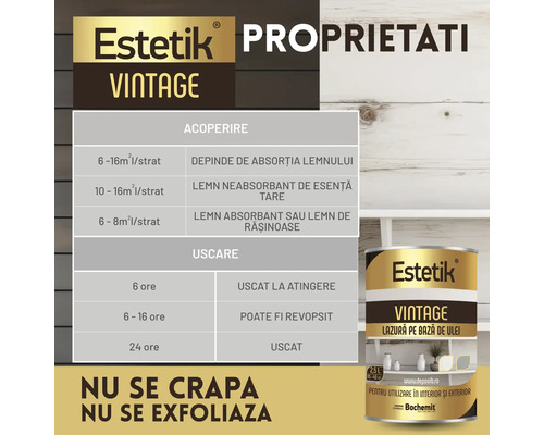 Informații despre proprietățile și utilizarea lazurei pentru lemn Estetik Vintage.