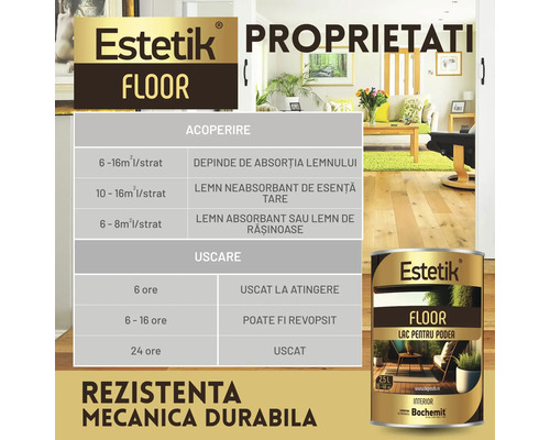 Panou informativ despre lacul pentru parchet Estetik Floor, cu informații despre proprietăți, putere de acoperire și timpi de uscare