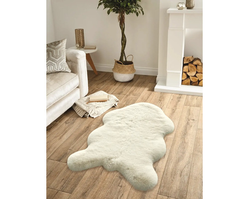 Cameră de zi cu canapea, șemineu, plantă de interior și covor cu aspect de blană