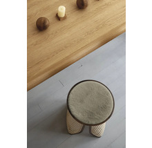 Vedere de sus a unui taburet rotund cu tapițerie din blană și a unei mese din lemn cu decorațiuni