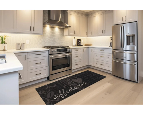 Bucătărie modernă cu aparate din oțel inoxidabil și covoraș cu inscripția iubitori de cafea