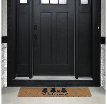 Covoraș de intrare în fața unei uși de intrare cu un motiv de pisică și cuvântul Bine ați venit