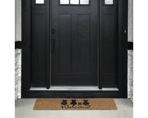 Covoraș de intrare în fața unei uși de intrare cu un motiv de pisică și cuvântul Bine ați venit