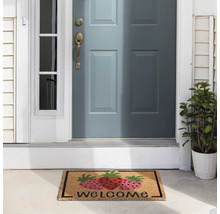 Covoraș de intrare cu motiv de căpșuni și inscripția Bine ați venit în fața unei uși de intrare