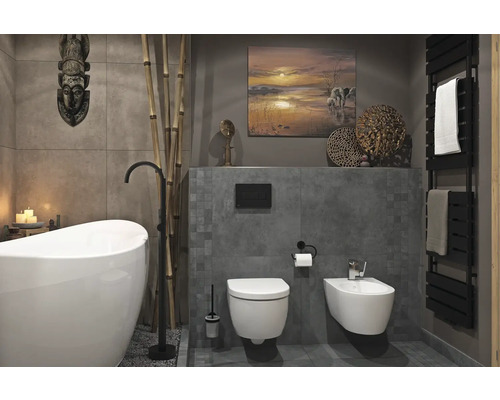 Gresie exterior / interior porțelanată rectificată MIRAVA MANHATTAN gri mat 60x60 cm Baie modernă cu cadă, toaletă, bideu și uscător de prosoape