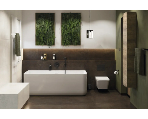 Baie cu cadă, toaletă, chiuvetă și decorațiuni de perete cu plante