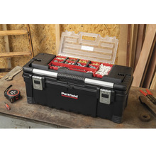 Cutie de scule deschisă cu sortiment de piese mici și logo Pattfield