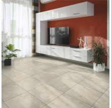 Living cu gresie, mobilă de perete albă și plante de interior