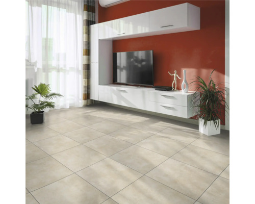 Living cu gresie, mobilă de perete albă și plante de interior