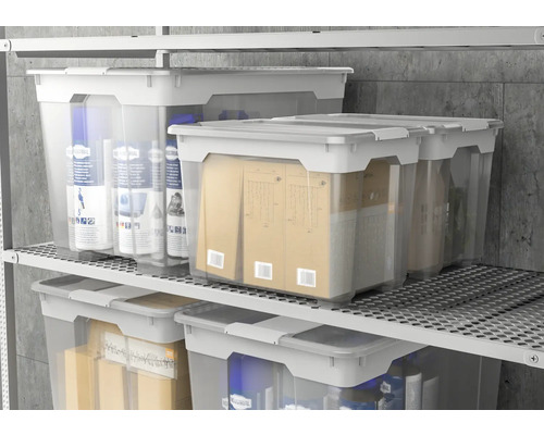 Raft cu cutii de depozitare transparente și capace