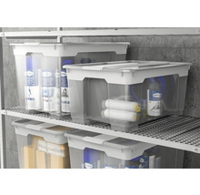 Mai multe cutii de depozitare transparente cu capac pe un raft.