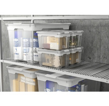 Fotografie cu cutii de depozitare transparente cu capace pe rafturi.