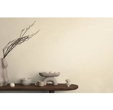 Aranjament decorativ cu vază, ramuri, bol și obiecte ceramice pe o masă.