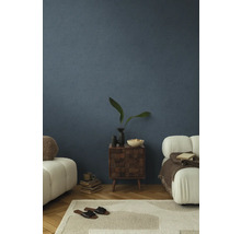 Cameră de zi cu pereți albaștri texturat, covor, mobilier și obiecte decorative