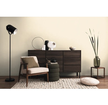 Scenă de living cu dulap, fotoliu, lampă de podea și elemente decorative pe un covor