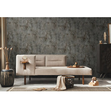 Perete decorativ cu tapet cu model, combinat cu o canapea elegantă și accesorii de locuință asortate