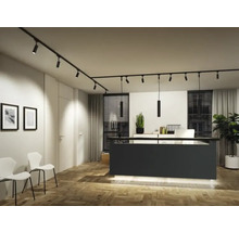 Interior luminos cu sistem de iluminat linear, mobilier de birou și plante