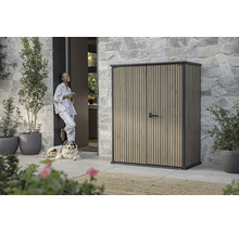 Scenă de grădină cu magazie de scule, femeie și câine