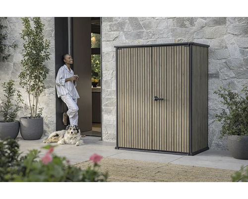 Scenă de grădină cu magazie de scule, femeie și câine