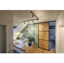 Apartament luminos la mansardă cu fereastră de mansardă, zonă de relaxare, tapet verde cu frunze, ușă glisantă și podea din lemn.