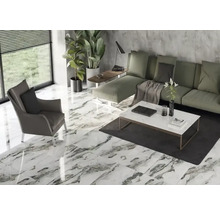 Living luminos cu fotoliu, canapea și gresie cu aspect de marmură