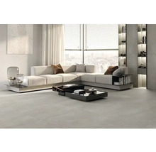 Living luminos cu canapea de colț, măsuță de cafea și raft încorporat